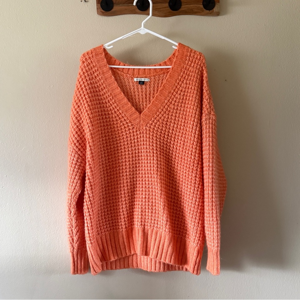 American Eagle Orange Oversized Waffle Knit V Neck Sweater Size S Relaxed